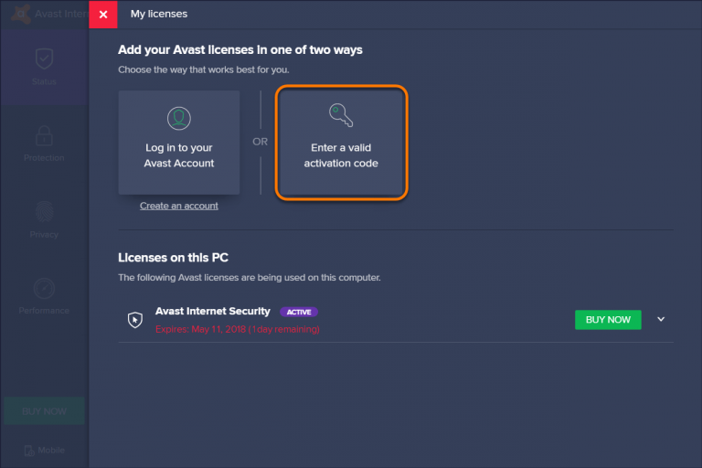 Avast activation screen